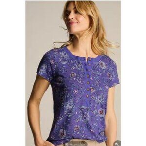 J. Jill Womens short sleeve Henley top shirt size XL Floral Blue Cotton blend